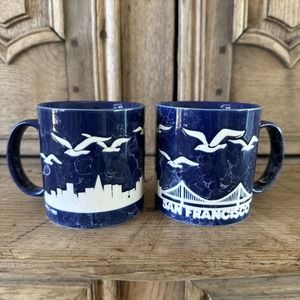 Vintage San Francisco Mug Set Golden Gate Bridge Seagulls Skyline Mico 80s Blue
